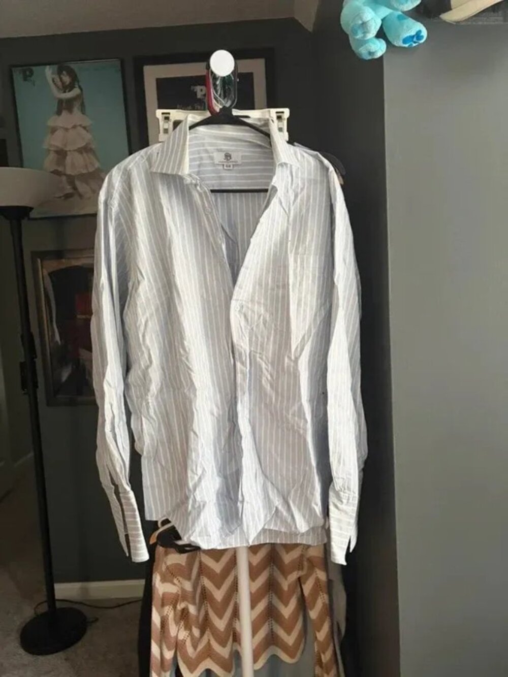 Jhane Barnes Men’s Striped Button Down Dress Shirt 16.5 34/35 Blue White